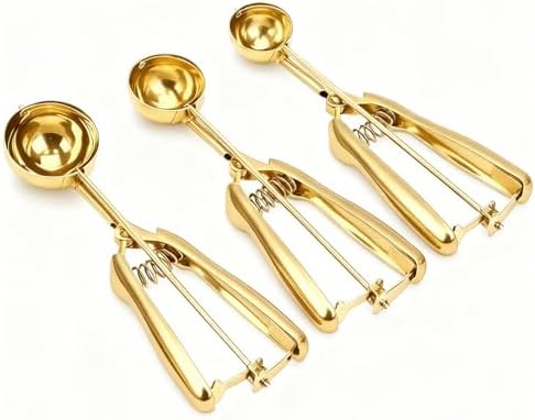 Gold Ice cream spoon,cookie Scoop Set,Stainless steel ice cream scoop with trigger release,3 Sizes (3pcs set)