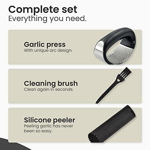 Cuisinly Garlic Press - Stainless Steel Rocker Chopper & Crusher - Free Silicone Garlic Peeler & Cleaning Brush