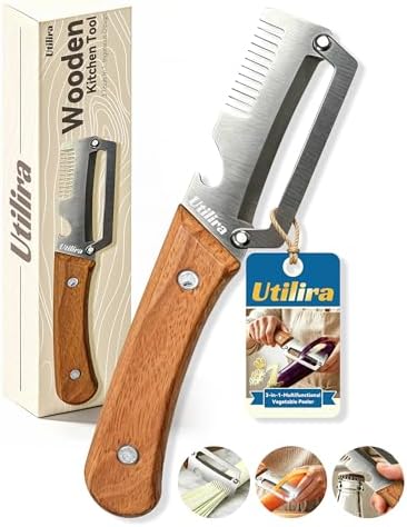 Shredder - 3-in-1 Multifunctional Vegetable Peeler with Bottle Opener & Julienne Shredder, Wide Stainless Steel Blade and Non-slip Wooden Handle, Peeler Knife for Fruits, Vegetables (1pcs)