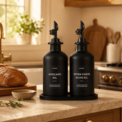 Olive Oil Dispenser for Kitchen, 2-Pack 12oz Black Glass Bottle with Labels
