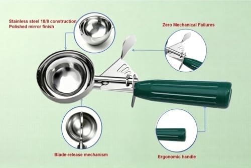 TOPKITCHEN Commercial-Grade Ice Cream Scoop 2.66 oz, 18/8 Stainless Steel Cookie Scoop with Plastic Handle, Portion Control Disher Scoop for Bakeries,Restaurants & Dessert Shops, #12, Green