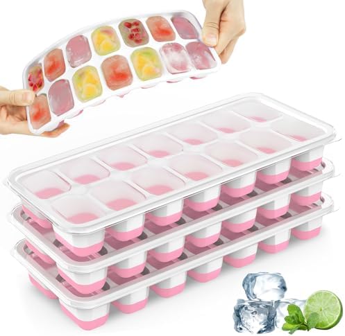 Ice Cube Tray with Lid, 4 Pack Silicone & Plastic Ice Cube Trays for Freezer, BPA Free, Stackable Ice Maker Trays for Freezer, Easy-Release and Flexible Ice Trays for Cocktail, Coffee, Tea
