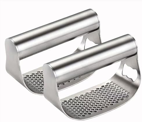 Garlic Press Rocker, Crusher Grinder Masher Bottle opener, Portable Manual Stainless Steel Wide Handle Garlic Crusher with Peeler(Style2-2pcs Silver)
