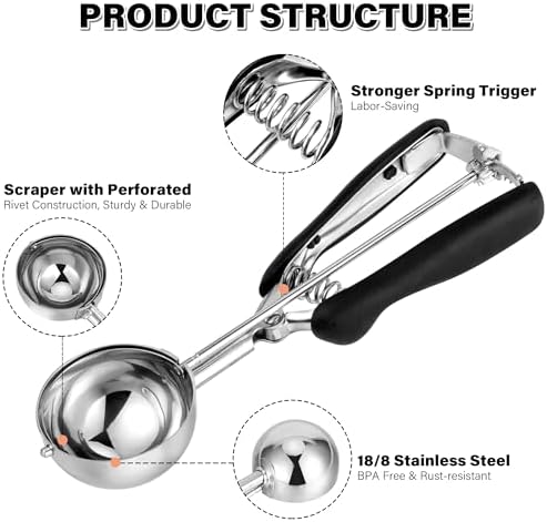 Large Cookie Scoop 4 Tbsp, Professional Stainless Steel Ice Cream Scoop 60mm, Cupcake Scoop Muffin Scoop for Baking, Good Soft Grips, Quick Trigger Release, 60ml (4 Tablespoon)
