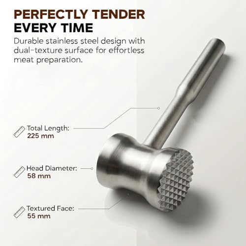 304 Stainless Steel Tenderizer Mallet Dual-Sided Hammer, Heavy Duty Pounder Tool for Steak, Beef & Chicken Cutlets, Textured Grip Kitchen Mallet, Dishwasher Safe Beater for Cooking