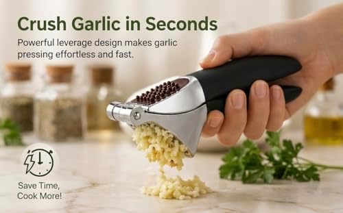 HOMFTY Garlic Press Set – Heavy Duty Stainless Steel Garlic Mincer & Crusher with Silicone Peeler, Ginger Press & Cleaning Brush – Large Chamber, Ergonomic Non-Slip Handle, No Peeling Needed