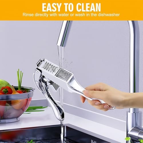 WUJIE Stainless Steel Garlic Press and Slicer - 2-in-1 Crusher and Mincer, Professional Kitchen Tool with Cleaning Brush for Garlic and Ginger, Aluminum Alloy