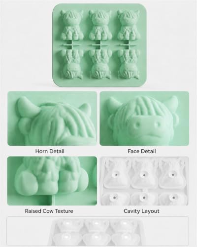 Highland Cow Ice Cube Mold, 3D Two-Part 6-Cavity Mold, 6.3-Inch