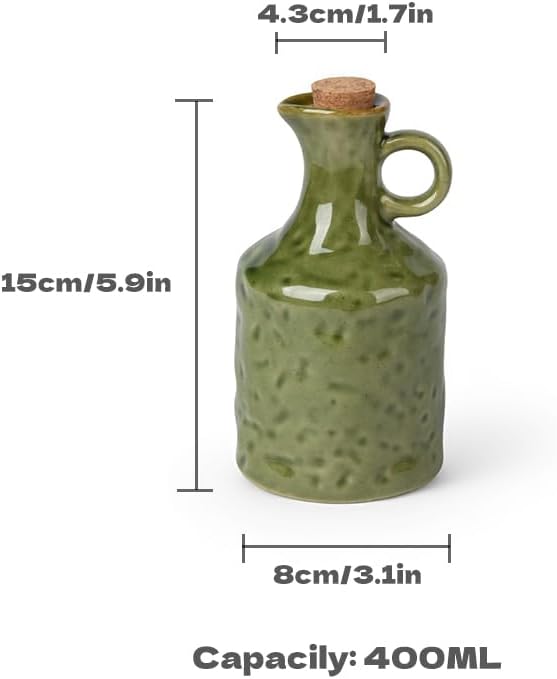 13.5oz Olive Green Ceramic Olive Oil Dispenser with Cork Stopper | , Reactive Glaze Bottle, Leak-Proof Small Spout, Ideal for Kitchen Storage of Vinegar, Wine, Soy Sauce and Lemon Juice