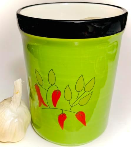 BonCera, Premium Ceramic Garlic Keeper Jar with Lid - Green Chili