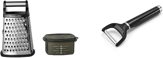 KitchenAid Gourmet 4-Sided Stainless Steel Box Grater (10 inches tall) and Classic Y Peeler, Black