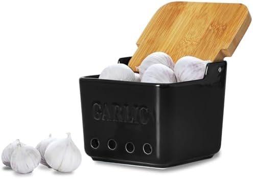 ONTUBE Garlic Keeper with Lid, Ceramic Garlic Holder Storage 4.7-Inch (Black)