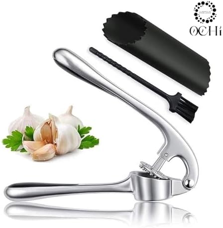 OCHI Premium Garlic Press Set – Rust-Proof Stainless Steel Mincer with Ergonomic Handle, Dishwasher Safe – Includes Silicone Peeler & Cleaning Brush (Silver)