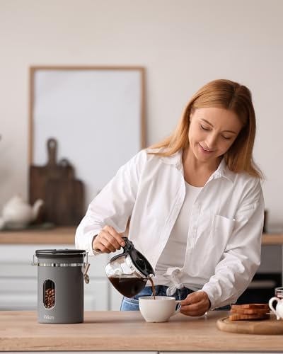 Veken Coffee Canister with Window,Airtight Stainless Steel Kitchen Food Storage Container, Date Tracker & Scoop for Grounds Coffee, Beans, Tea, Flour, Cereal,Sugar,22OZ,Grey (Pack of 2)