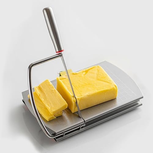 Stainless Steel Cheese Slicer with Block Cheese Blade, Cutting Board with Precise Measurements, Multi-purpose Slicing Tool for Blocks of Cheese, Butter, and Sausage., conventional, Silver