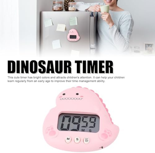 Digital Kitchen Timer with LCD Display, Dinosaur Design, Red, Magnetic Back, Stand, Countdown Alarm for Classroom, Home, Study, Cooking