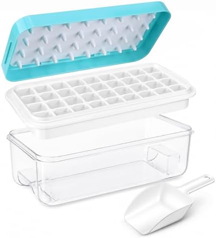 Compact Ice Tray with Scoop & Bin – 32-Cube Single Layer Mold with Lid – Patented Press-Release Design US D1,006,068, BPA-Free, No-Spill, Easy Storage – Ideal for RV, Dorm, Small Freezers