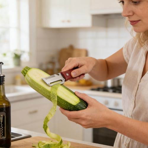 2PCS Vegetable Peeler - Multi-Purpose 3-in-1 Stainless Steel Kitchen Peeler with Bottle Opener & Julienne Cutter for Potatoes Carrots - Wood Handle for Comfortable Grip