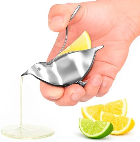 Bird Lemon Squeezer with Pour Spout, Tiny Stainless Steel Slice Press