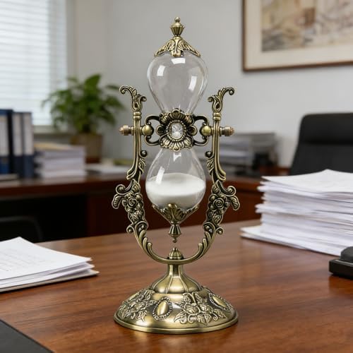 Vintage Hourglass Timer, 15 Minutes,Desk Decor,Embossed White Sand Metal Glass Hourglass Timer,Used for Home and Office Decoration,8.38inch Tall. (Brass)