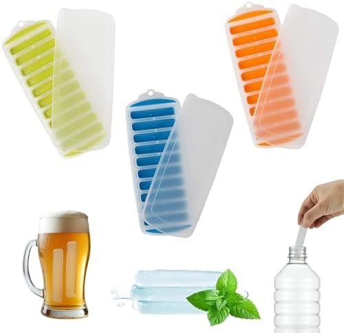 Lily's Home Water Bottle Ice Cube Tray - Silicone Ice Stick Set with Lids - 3 Skinny Reusable Trays, 30 Long Sticks for Bottles