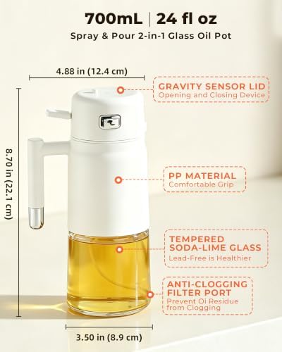 23.7oz/700ml Glass Olive Oil Sprayer for Cooking, 2-in-1 Oil Dispenser for Kitchen, Air Fryer, Salad, BBQ, Food Grade Spray Bottle with Portion Control