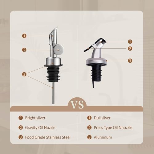 Glass Olive Oil Dispenser Bottle Small, 6.5 Oz/ 200 ml Coffee Simple Syrup Bottles with Silver Metal Pour Spout, Funnel, Measuring Cup, Oil and Vinegar Bottle for Kitchen (2 Pack)