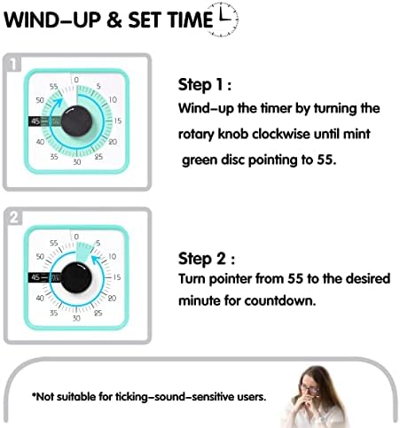 TWENTY5 SEVEN Countdown Timer 7.5 inch; 60 Minute 1 Hour Visual Timer – Classroom Teaching Tool Office Meeting, Mechanical Countdown Clock for Kids Exam Time Management Magnetic, Mint Green