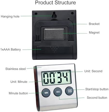 2 Pack Digital Kitchen Timer with Magnetic Countdown Loud Alarm Hanging Hole Bracket Stainless Steel Battery Easy to Carry for Cooking Baking Sports (Silver)