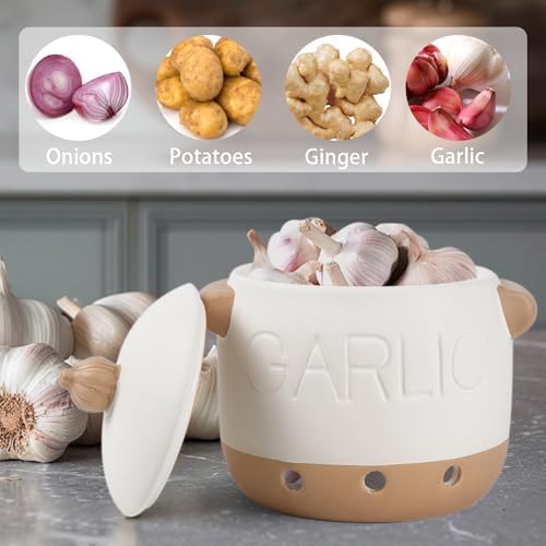 5.1' White Ceramic Garlic Keeper with Lid & Vent Holes for Counter