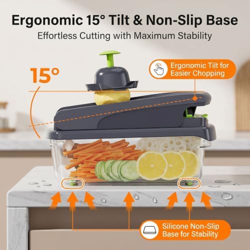 15-in-1 Manual Vegetable Chopper Slicer, Onion Potato Fruit Cutter with Detachable Drain Container & Safe Hand Guard