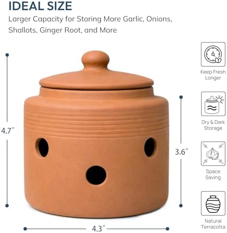 Garlic Keeper for Counter, Garlic Storage Container with Lid, Terracotta Garlic Holder to Keep Garlic Fresher Longer, 4.3 inches