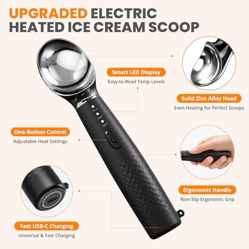 Heated Ice Cream Scoop, Rechargeable Electric Scoop with 3 Temp Levels