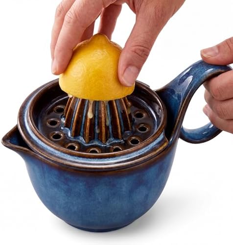 Sawysine Ceramic Lemon Squeezer Manual Citrus Juicer with Strainer Hand Press Lime Orange Reamer with 8.45 oz Cup Strainer Lid Spout Handle for Citrus Fruits Home Kitchen Bar(Classic,Dark Blue)