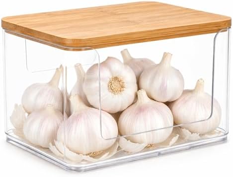Garlic Keeper for Counter, Garlic Holder Countertop with Bamboo Lid, Garlics Storage Container to Keep Your Garlics Cloves Fresh Longer, Kitchen Accessories, Clear
