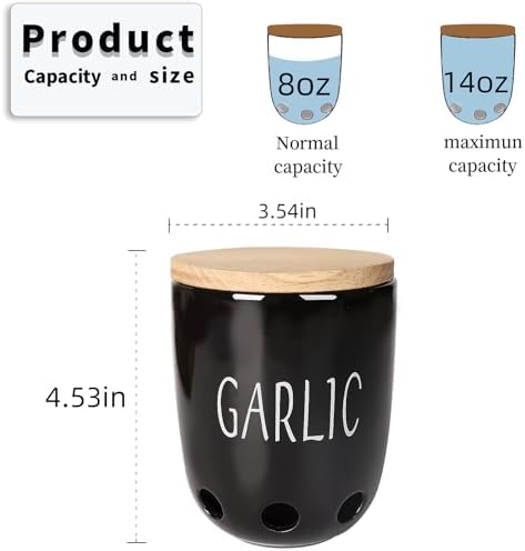 Ceramic Garlic Saver Container with Wood Lid (Black)