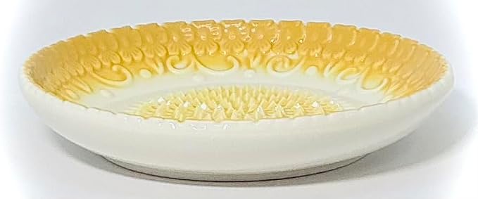 BonCera, All-in-one Premium Ceramic Garlic Grater Plate 4-Piece Set - Yellow Embossed Design and Style - For Garlic, Ginger, Chocolate, and more! - Comes with 5.25" Plate, Peeler, Brush, and Stand