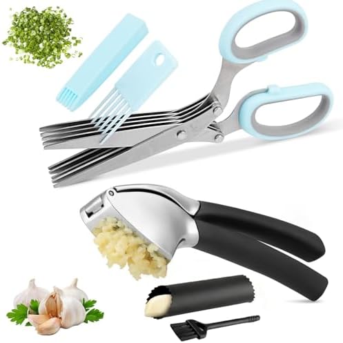 Garlic Press & Herb Scissors Set, 6 Pcs Kitchen Gadgets With Garlic Mincer & Kitchen Scissors for Herbs, Professional 5-Blade Kitchen Shears Garlic Press Tool Silicone Garlic Peeler & Brush