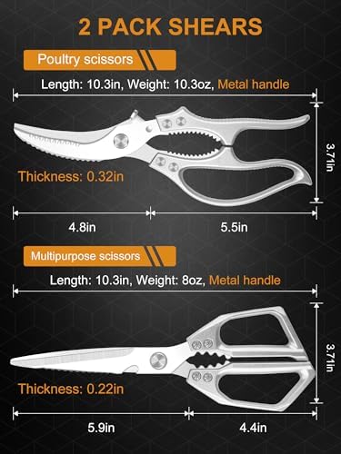 2 Pack Kitchen Shears, Heavy Duty Poultry Shears with Non-Slip Handle & Safety Lock, Spring Loaded, All Purpose Kitchen Scissors for Food, Meat Cutting, Chicken, Fish, Vegetables