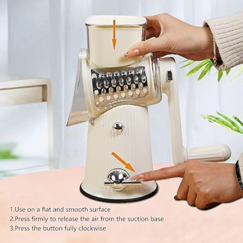 Rotary Cheese Grater with Handle: 5 in 1 Cheese Grater Hand Crank Cheese Shredder with Strong Suction Base Kitchen Vegetable Slicer with 5 Interchangeable Blades, Storage Box, White