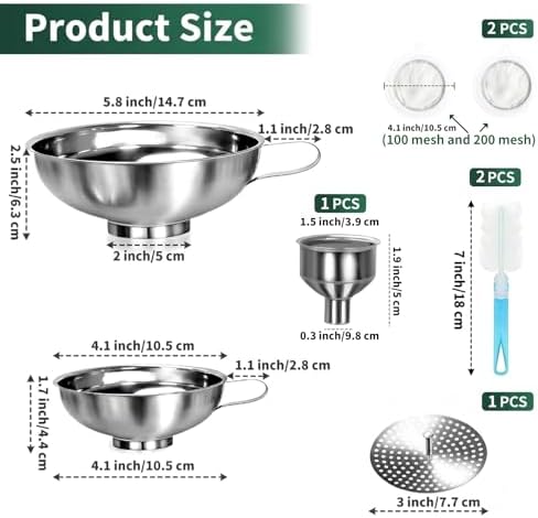 7-Piece Stainless Steel Canning Funnel Kit – Wide Mouth Mason Jar Funnels with 100/200 Mesh Strainers, Removable Filter Tip & Sponge Brushes