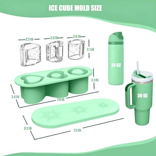 Ice Cube Trays for Stanley Cup 20 30 40 OZ Tumbler Ice Mold Heart Shape Silicone Ice Cube Tray with Lid, Stanley Ice Mold and Maker Ice Cube for Cocktails, Whisky, Juice (20-30 OZ, Green)