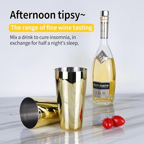 JNWINOG Cocktail Shaker Set 4-Piece Boston Shaker Kit with 20oz/25oz Shaker,Strainerand 0.5/1oz Double JiggerBar Set for Home Drink Mixer Bartendiing (Gold, 20oz/25oz)