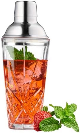 Glass Cocktail Shaker, Martini Shaker with Stainless Steel Lid & Strainer, Bartender Professional Bar Mixing Glass Pitcher Tool Set for Stirring Cocktails, Margarita, Whiskey, Alcohol Drinks, 16oz.