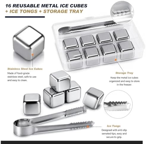 Reusable Stainless Steel Whiskey Ice Cubes 16 Pack with Storage Tray & Anti-Slip Tongs, Metal Chilling Stones No Dilution for Bourbon Scotch Cocktails Home Bar Accessories