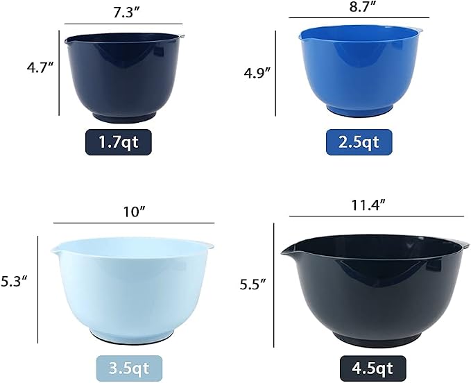 BoxedHome Classic Mixing Bowls Set of 4, BPA Free Plastic, Microwave Safe | 4.5, 3.5, 2.5 and 1.7 qt, Non-slip Base Large Non-toxic Nesting Bowl with Pour Spout, Dishwasher Safe, for Prep, Cooking