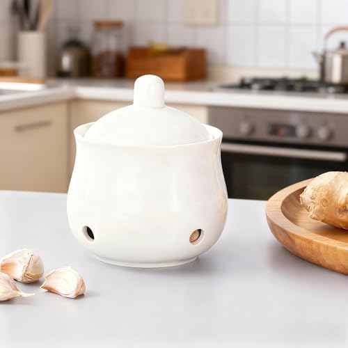 Ceramic Garlic Keeper with Lid - 12oz/350ml Ventilated Garlic Storage Container, White Kitchen Organizer for Fresh Garlic, Spice, Herb Preservation