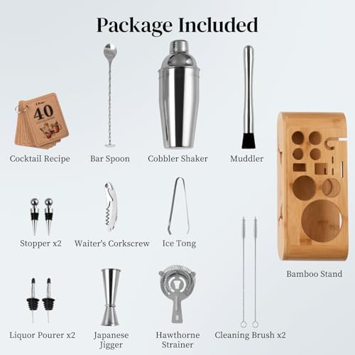 X Home Bartender Kit with Stand, Cocktail Shaker Set for Enthusiasts and Beginners | Includes Martini Shaker, Easy-to-Measure Jigger, Hawthorne Strainer, Mixing Spoon and More, Bartender Kit Gifts
