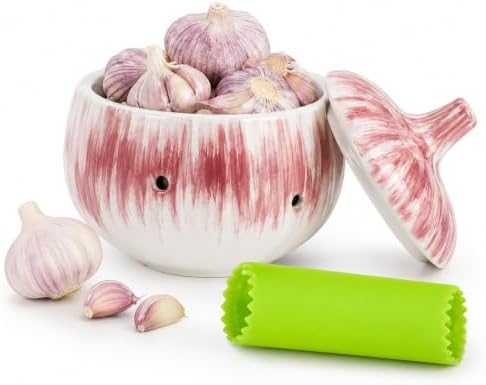 1 Set Garlic Keeper for Counter with Lid, 5.12 x 5.51 in Ceramic Storage Jar with Vent Holes, Includes Silicone Peeler Tube, Compact Kitchen Container for Bulbs, Pantry and Daily Home Cooking