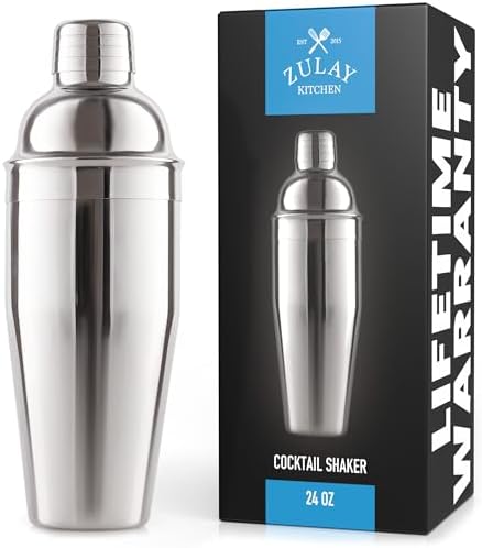 Zulay Cocktail Shaker (24oz) 18/8 Stainless Steel Martini Shaker with Built-in Strainer - Professional Grade Drink Shaker and Strainer for Bartending & Homebars (Silver)